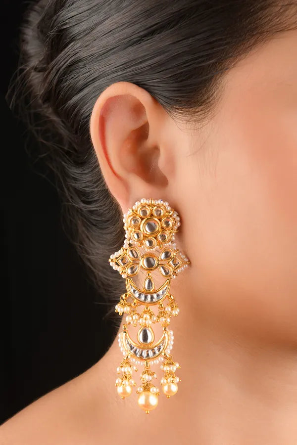 Golden Kundan Chand Pearls Danglers Earrings