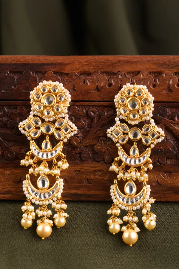 Golden Kundan Chand Pearls Danglers Earrings