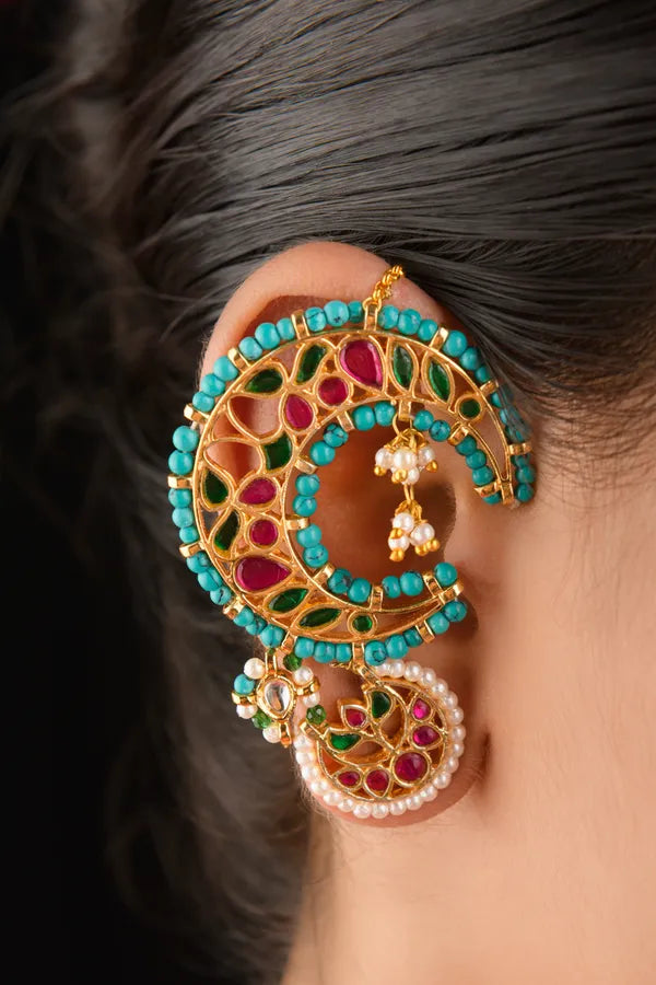 Gold Finish Red & Green Kundan Feroza Pearl Earcuffs