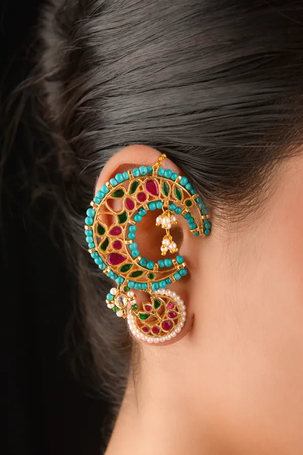 Gold Finish Red & Green Kundan Feroza Pearl Earcuffs
