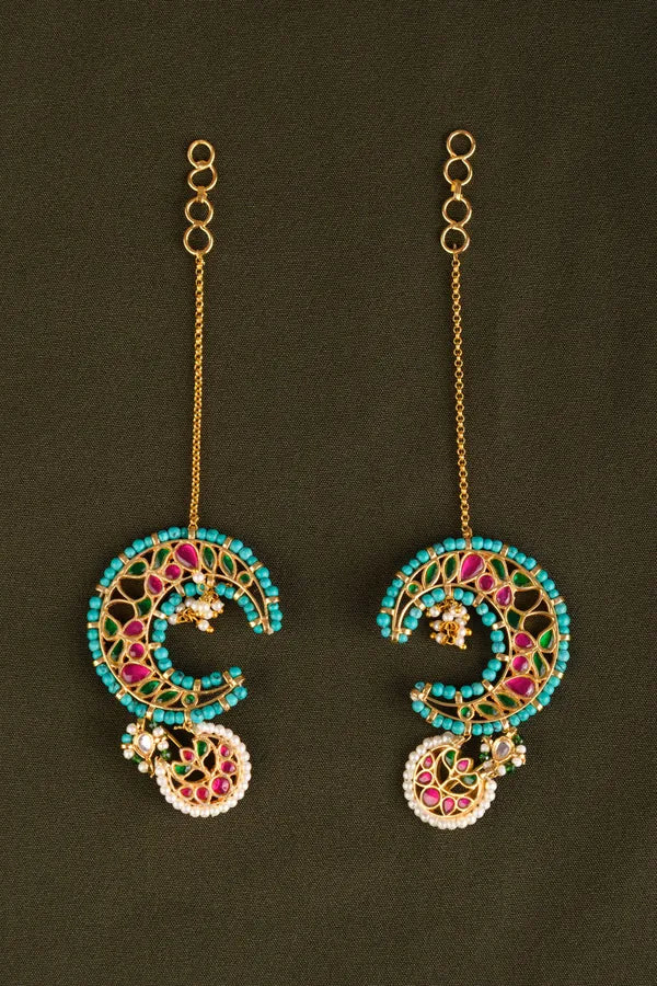 Gold Finish Red & Green Kundan Feroza Pearl Earcuffs