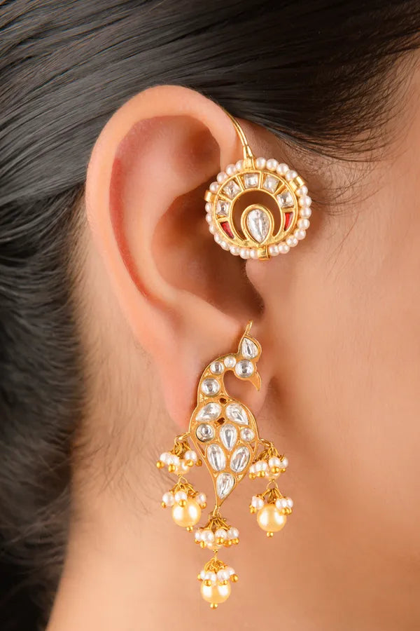 Gold Finish Ethnic Red White Kundan Earcuffs