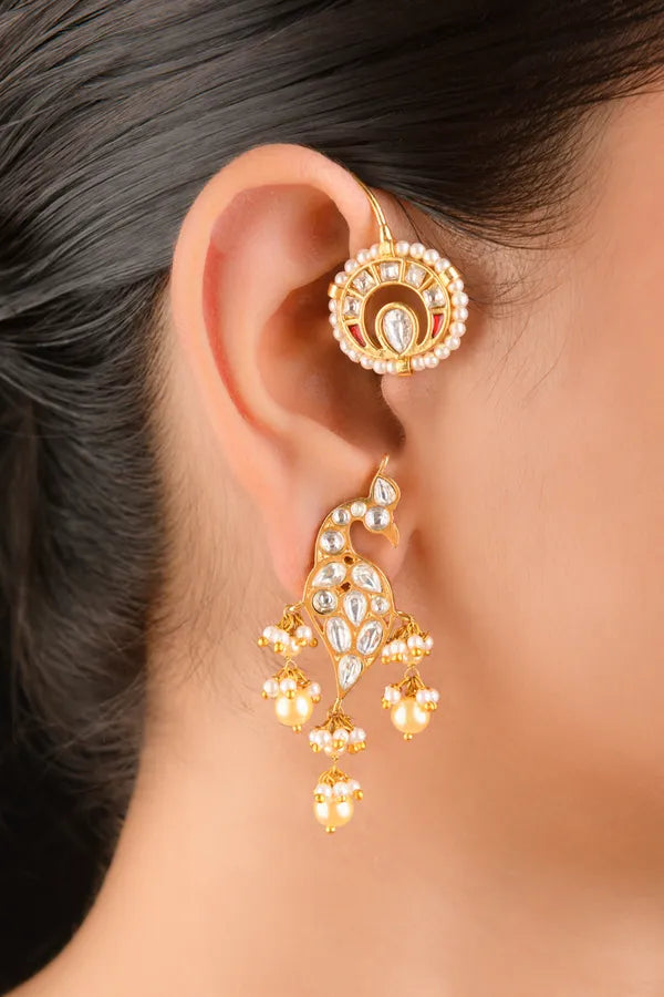 Gold Finish Ethnic Red White Kundan Earcuffs