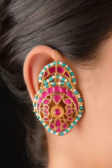 Pink Kundan White & Feroza Pearls Earcuffs