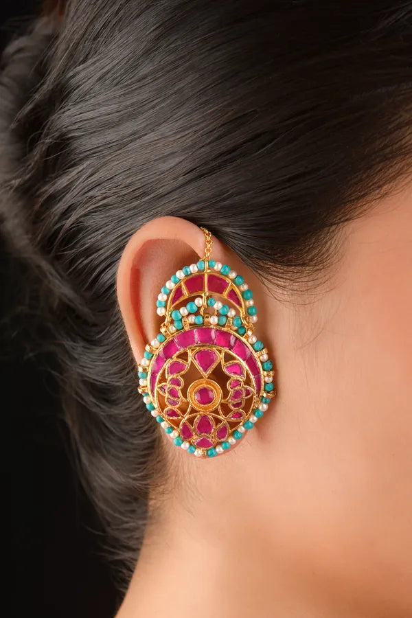 Pink Kundan White & Feroza Pearls Earcuffs