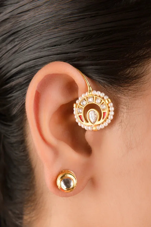 Minimalist Red Kundan & White Pearl Helix Earcuff