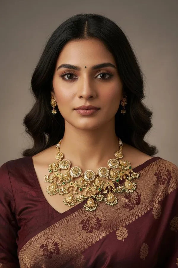 Statement Antique Gold & White Green Kundan Necklace