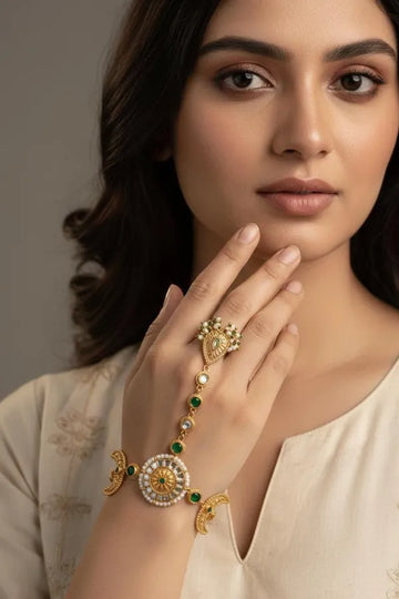 Statement Antique Gold & White Green Kundan Haathphool