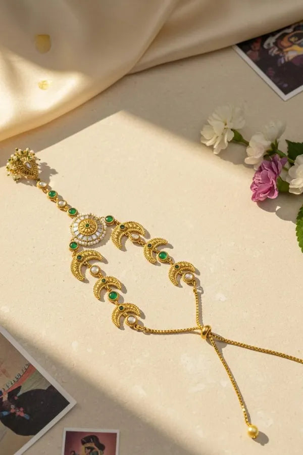 Statement Antique Gold & White Green Kundan Haathphool
