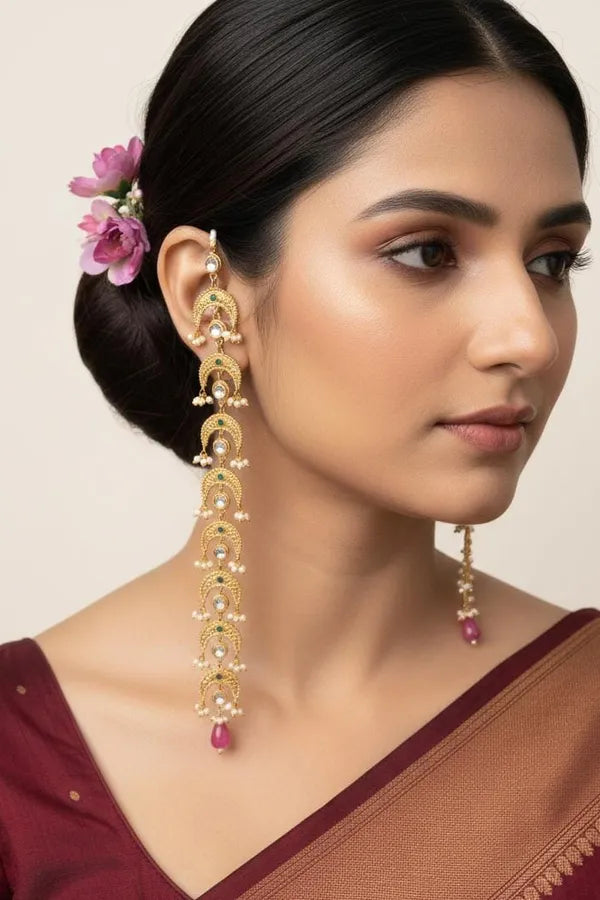 Antique Gold & White Green Kundan Tourmaline Drop Dangler Earrings