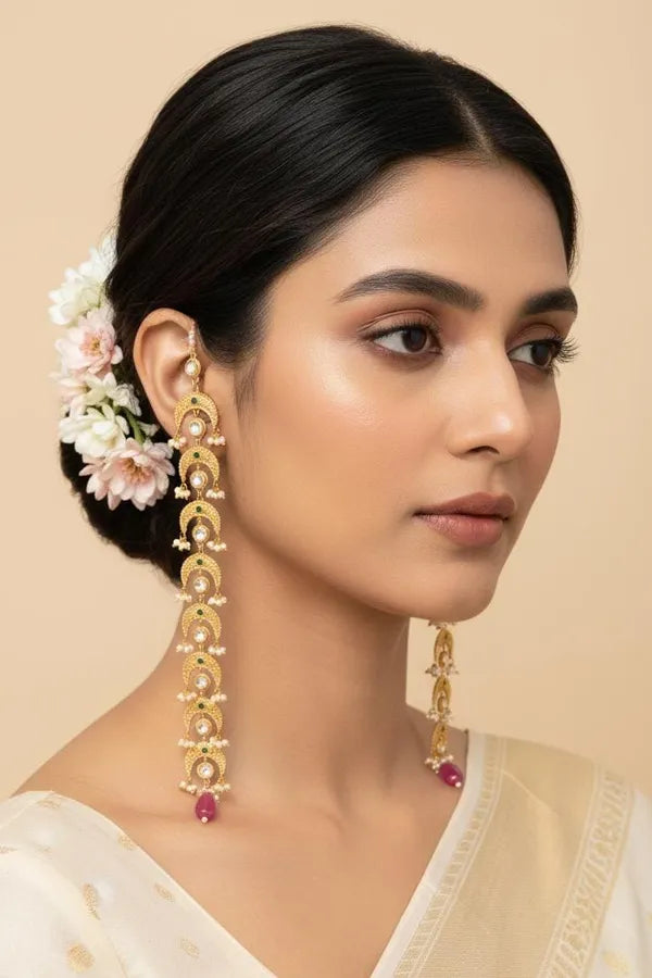 Antique Gold & White Green Kundan Tourmaline Drop Dangler Earrings