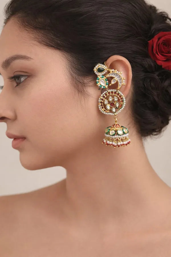 Red Green Kundan Feroza & White Pearls Jhumki Earrings