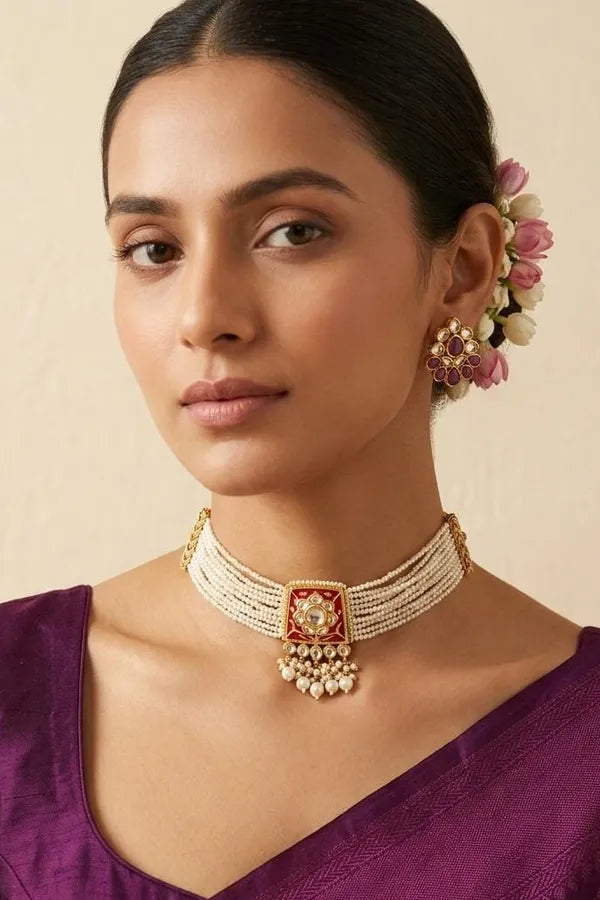 Red Enamel Gold White Kundan Pearl Drop Necklace