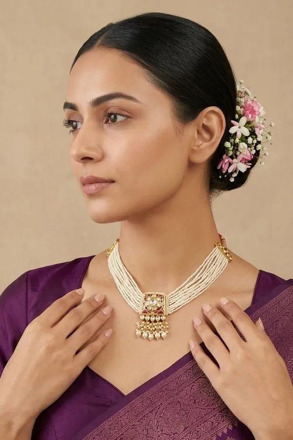 Red Enamel Gold White Kundan Pearl Drop Necklace