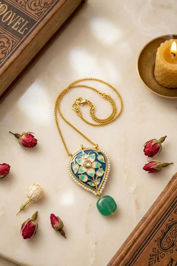 Blue Meena Pastel Green Necklace With Green Drop