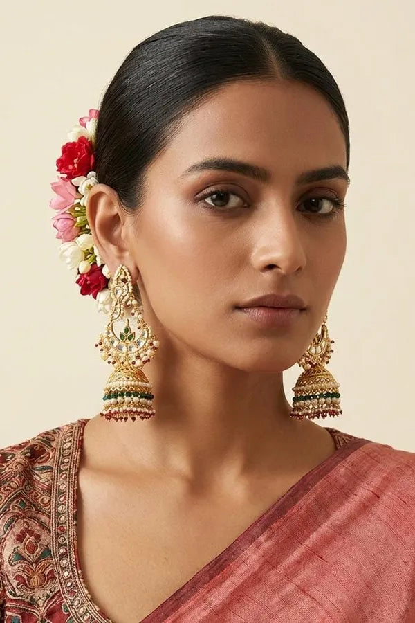Ethnic Green Kundan Gold White Green & Red Pearls Jhumki Earrings