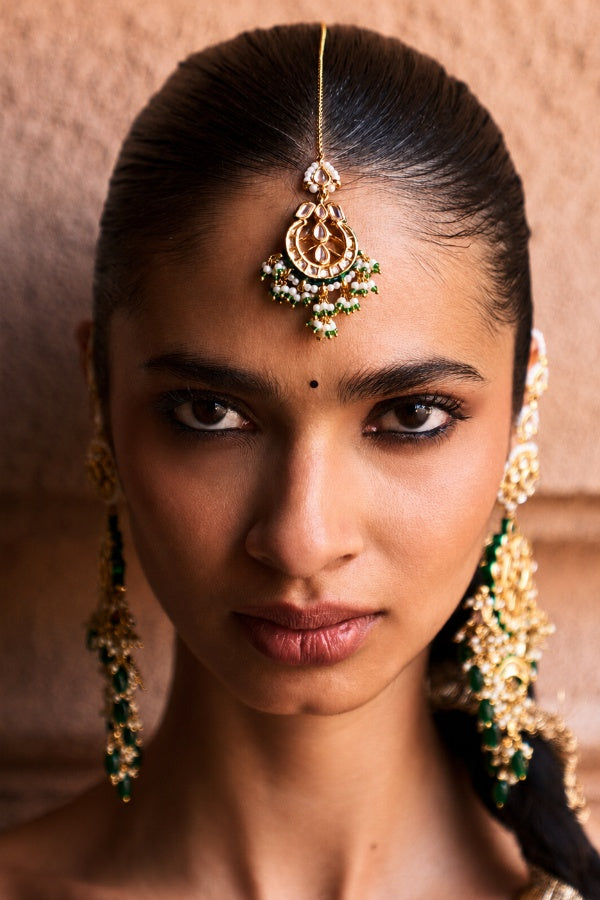 Green Meenakari Gold & White Kundan Green Pearls Maang Tikka