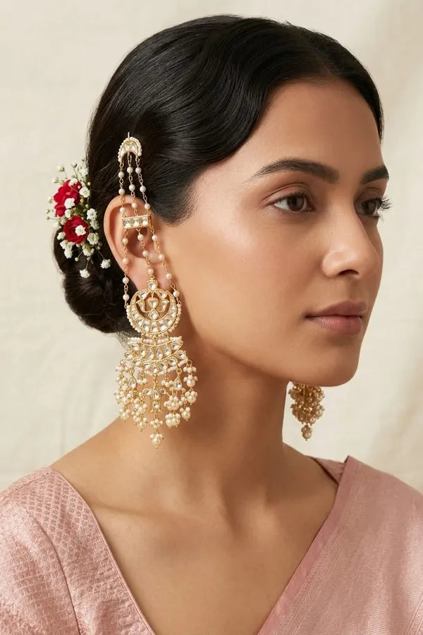 Gold & White Bridal Kundan Earrings With Pearl Drops