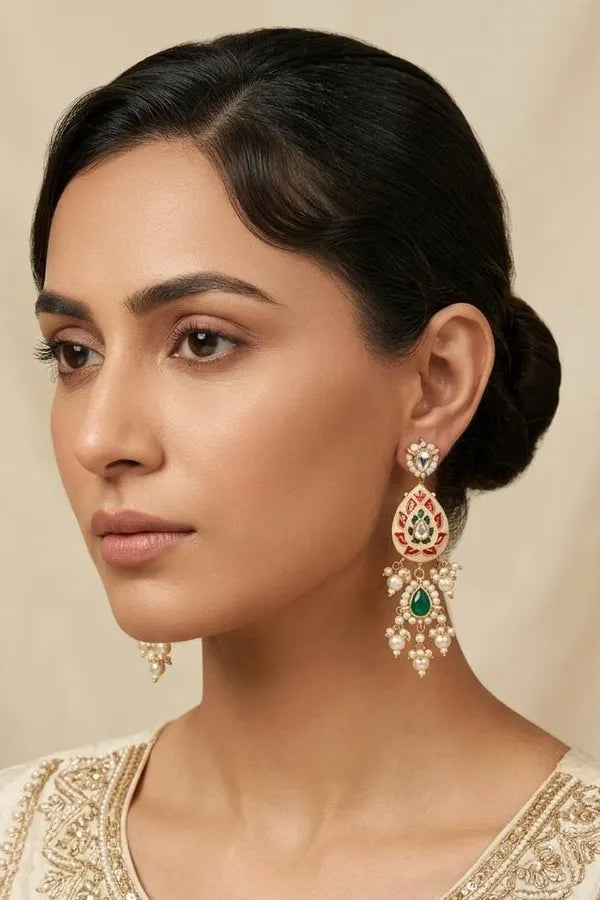 Green Red Meena Green Kundan Pearl Drop Earrings