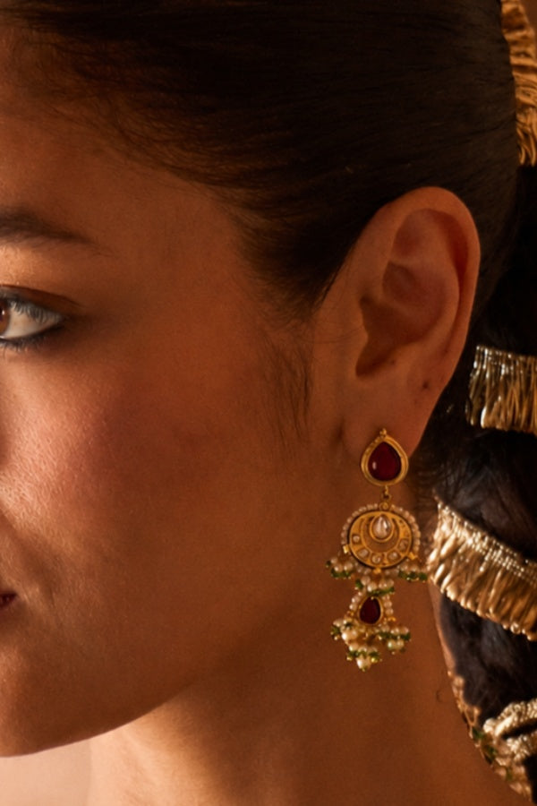 Red Kundan Gold & White Pearl Drop Dangler Earrings