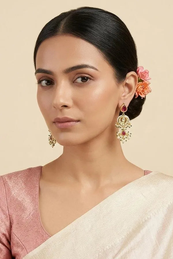 Red Kundan Gold & White Pearl Drop Dangler Earrings