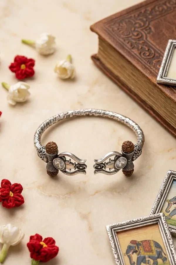 Dual Tone Rudraksh Studded Silver Finish Unisex Bracelet