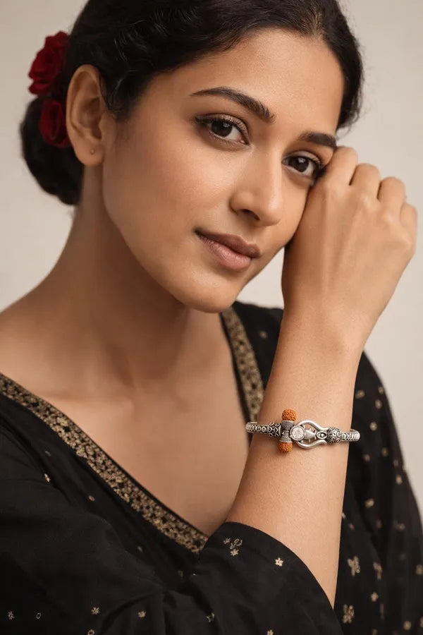 Dual Tone Rudraksh Studded Trishul Unisex Bracelet