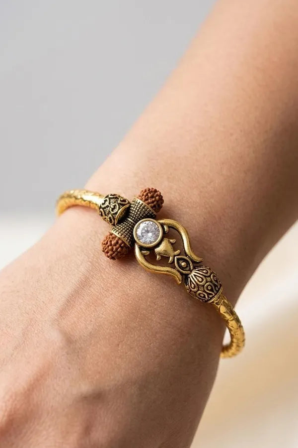 Dual Tone Rudraksh Studded Golden Trishul Unisex Bracelet