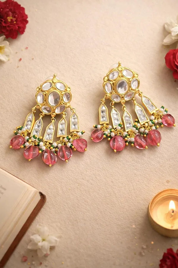 Gold & White Fish Motif Tourmaline Drop Earrings