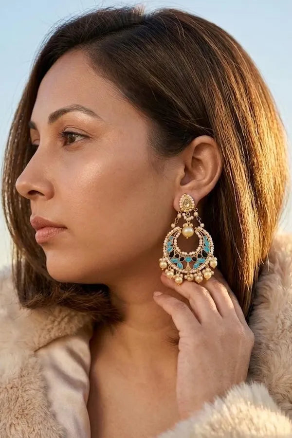 Red Green Feroza Meena Pearls Drop Chandbali Earrings