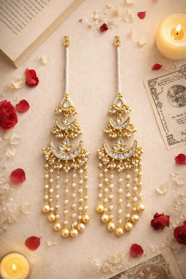Gold White Kundan Chand Biya Earrings