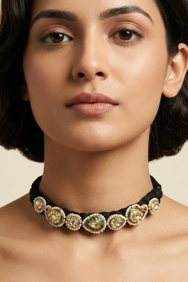 Green Blue Meena Kundan Paisley Choker Necklace