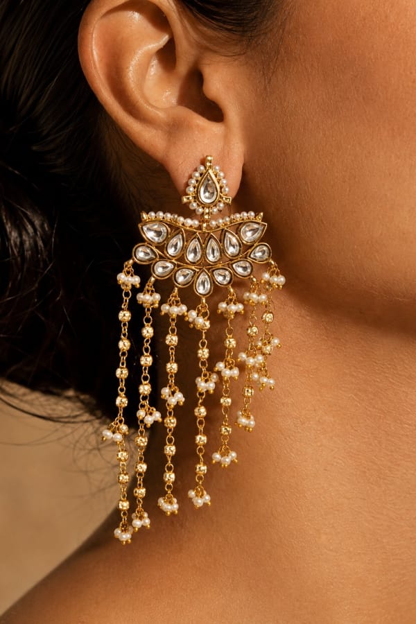 Gold Finish Kundan Gold Bead Dangler Earrings