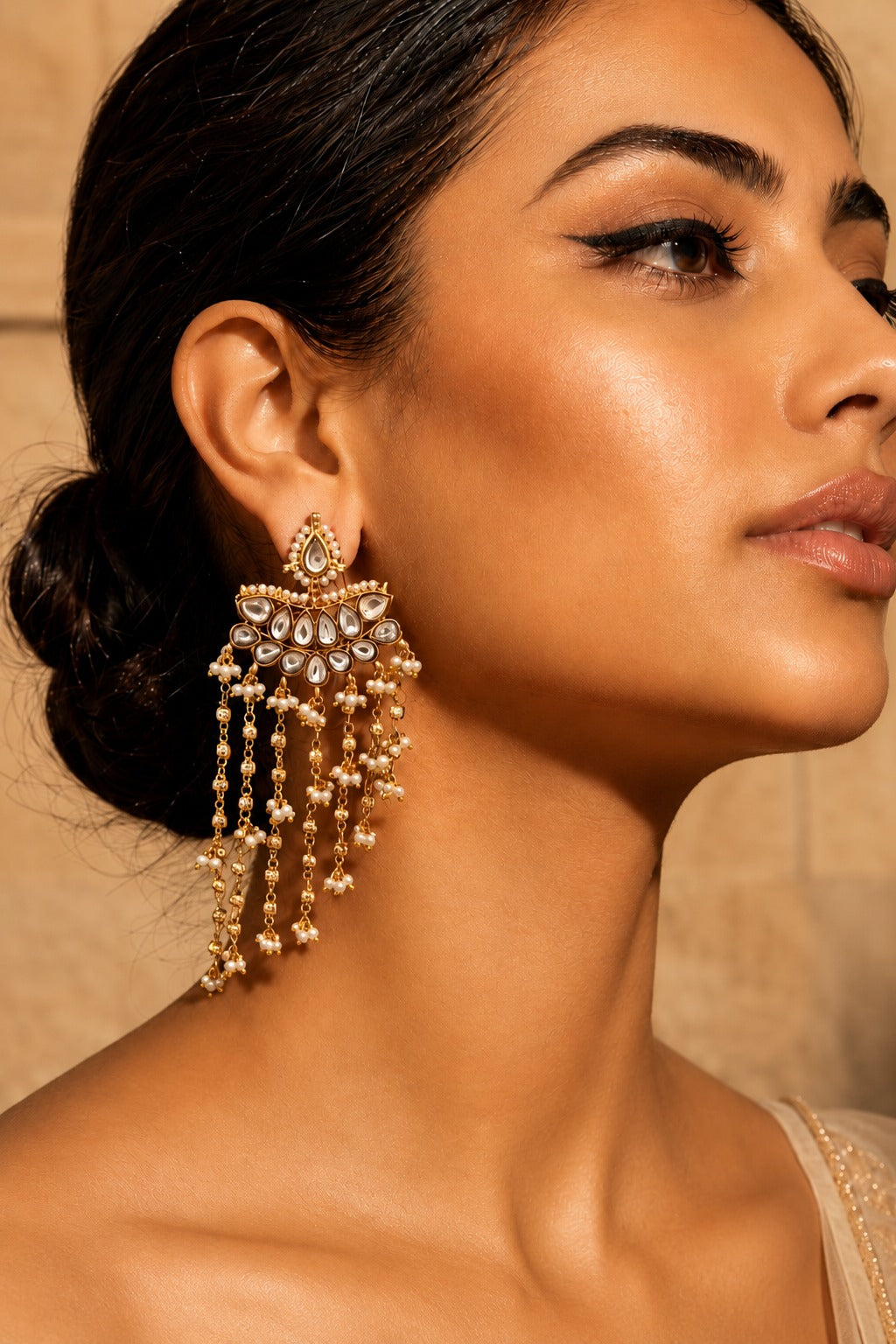 Gold Finish Kundan Gold Bead Dangler Earrings