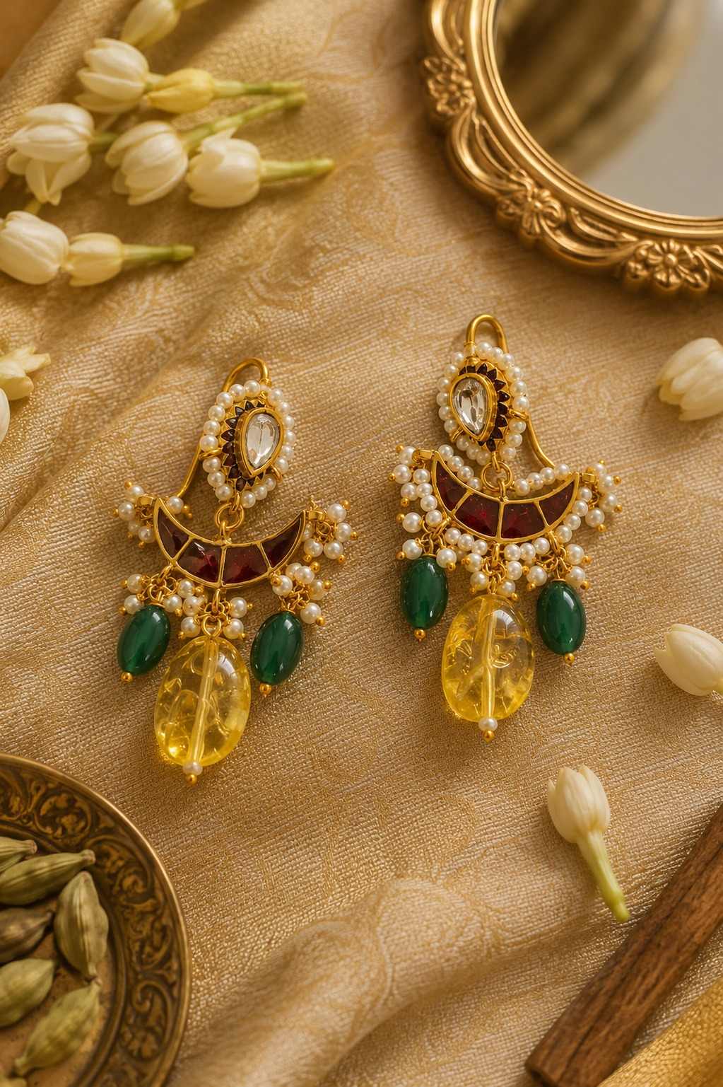 Red Meena Chand Kundan Yellow Citrine Dangler Earrings