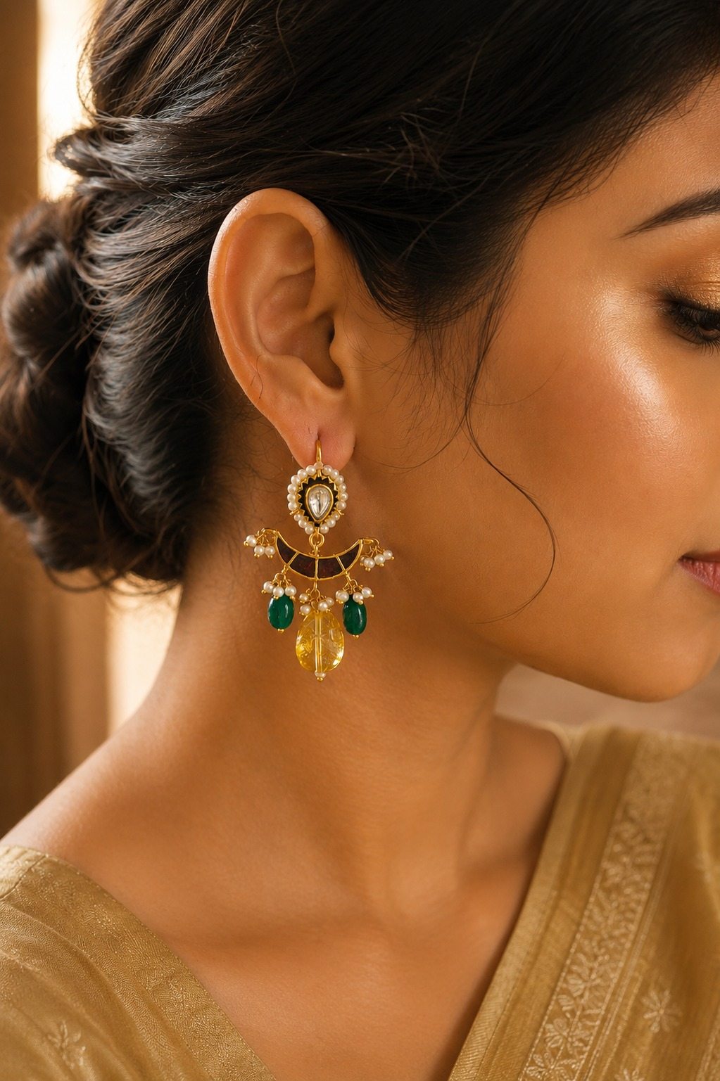 Red Meena Chand Kundan Yellow Citrine Dangler Earrings