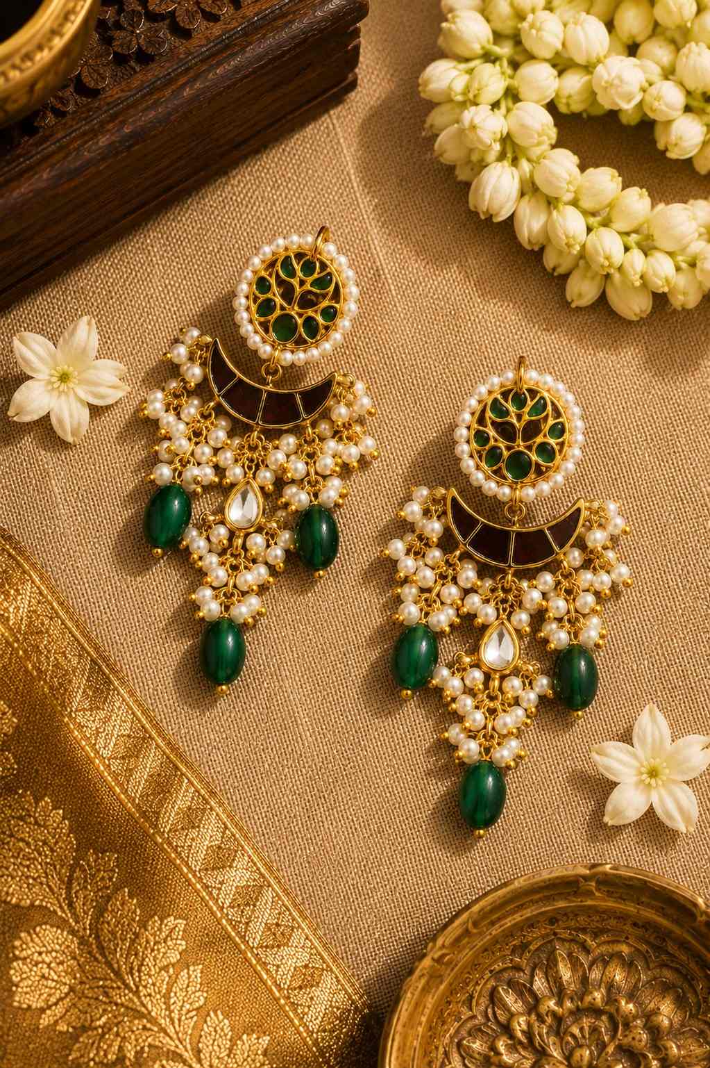 Red Green Meena Chand Kundan Green Drops Dangler Earrings