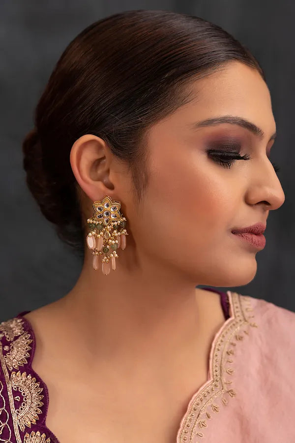 Pink Moonstone Green Jade Flower Kundan Earrings