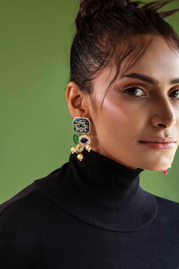 Radical Blue Meenakari & Pearls Green Kundan Earrings