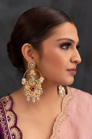 Mint Green Pearls & Kundan Red Meena Chandbali Earrings