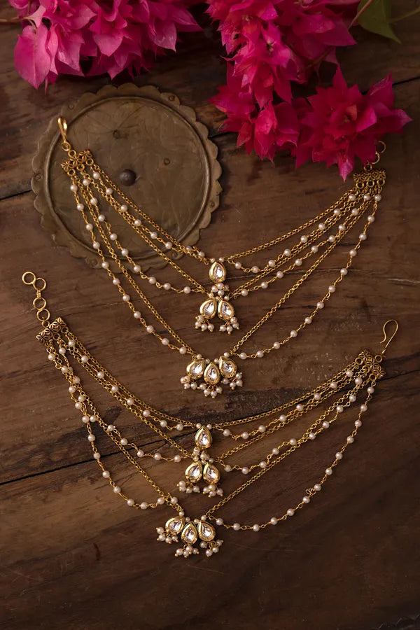 Gold Finish White Kundan Pearl Gold Chain Kaan Saharas