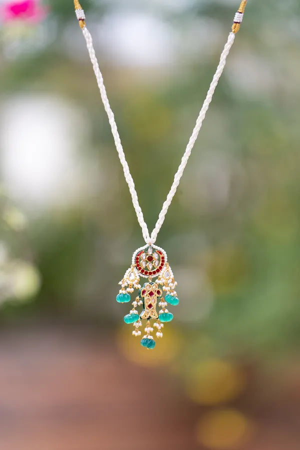 Pink Crescent Red Kundan Fish Green Drops Necklace