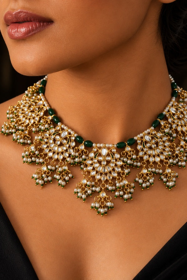 Green Meena Kundan Intricate Pirohi Choker Necklace