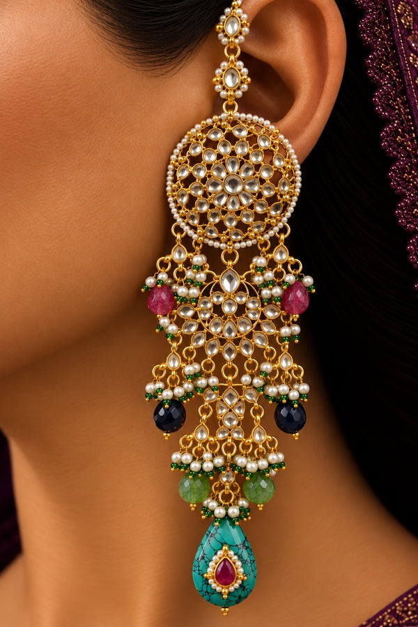Statement Feroza Stone Kundan Fish Dangling Earrings