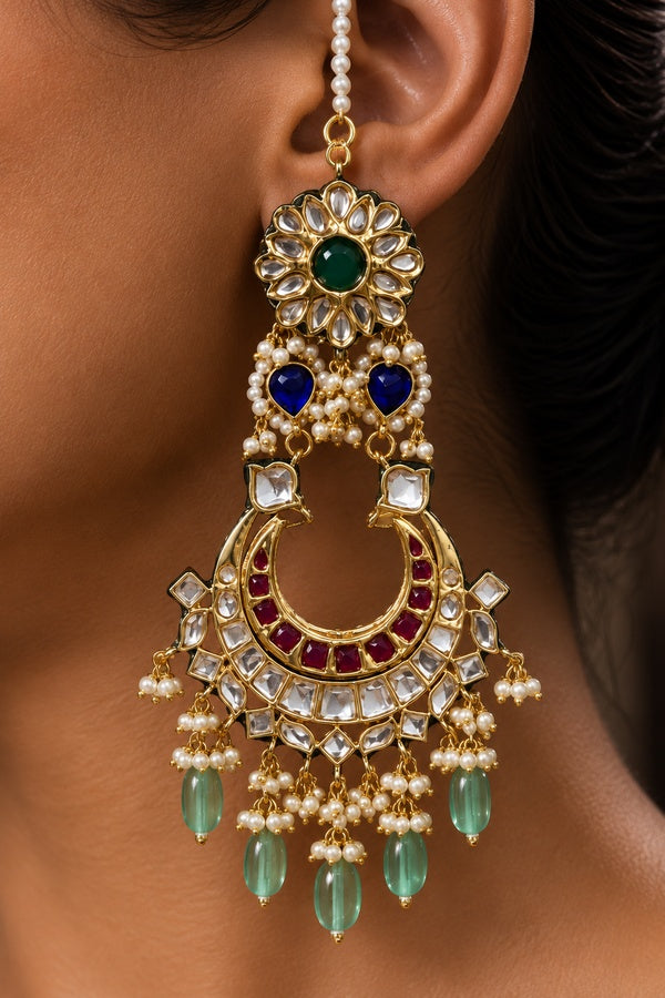 Double Layer White & Red Chandbalis With Barium Stones