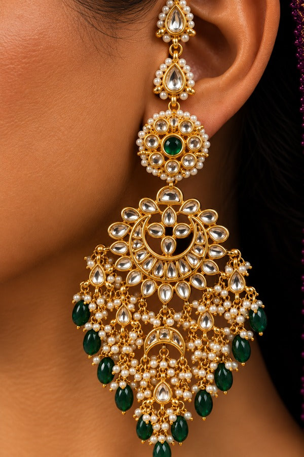 Green Center Chand Kundan With Emerald Drops Chandbali Earrings