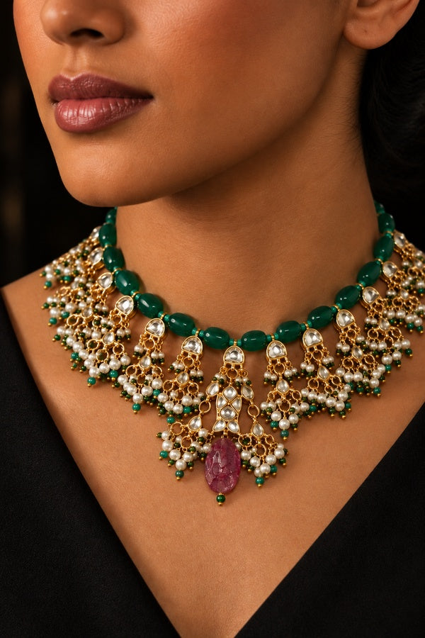 Statement Kundan Fish Green Jade Tourmaline Drop Necklace