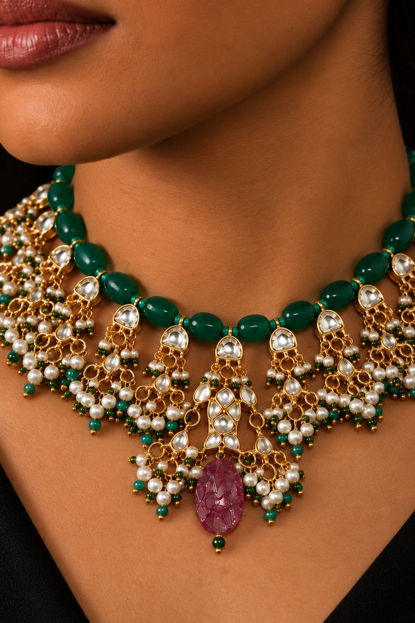 Statement Kundan Fish Green Jade Tourmaline Drop Necklace