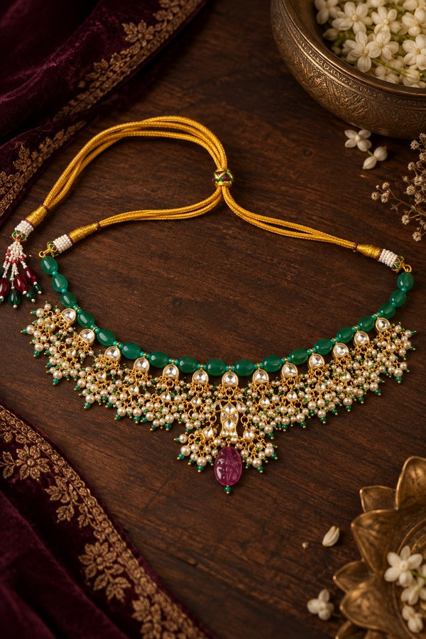 Statement Kundan Fish Green Jade Tourmaline Drop Necklace
