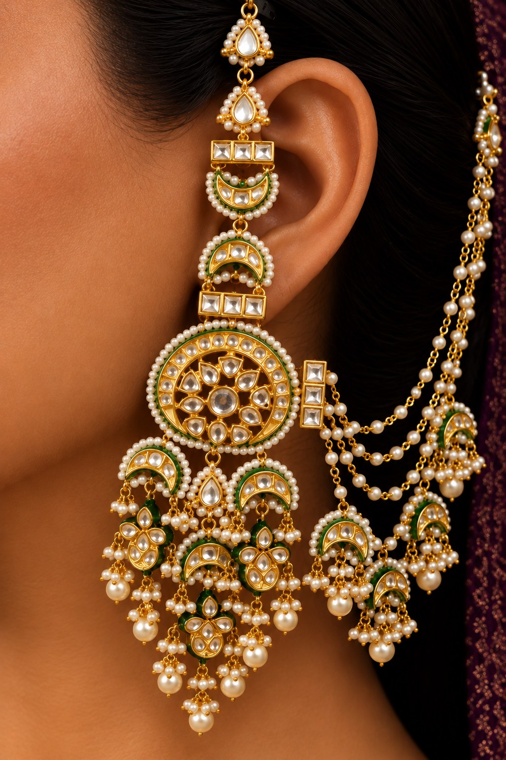 Gold & Green Meenakari Kundan Pearls Chandbali Earrings With Attached Saharas